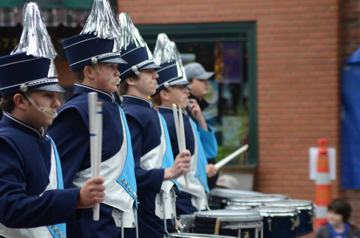 The Ralston Valley High School Drum Line marches in the Arvada Harvest parade.