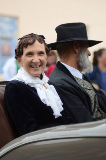 Ed and Catherine Walter portray Arvada founder Benjamin Wadsworth and his wife Mary Ann Wadsworth in the Arvada Historical Society’s float.