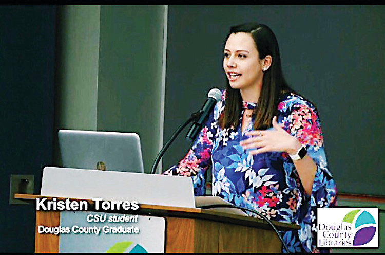 Kristen Torres, 20, of Parker, speaks at a mental health forum in April hosted by Colorado Community Media, Douglas County Mental Health Initiative and Douglas County Libraries. Torres’ experience of contemplating suicide in high school led her to become an advocate for mental health.