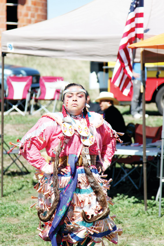 Rhyia JoyHeart, of Arvada, dances during a powwow in Douglas County on Sept. 8.