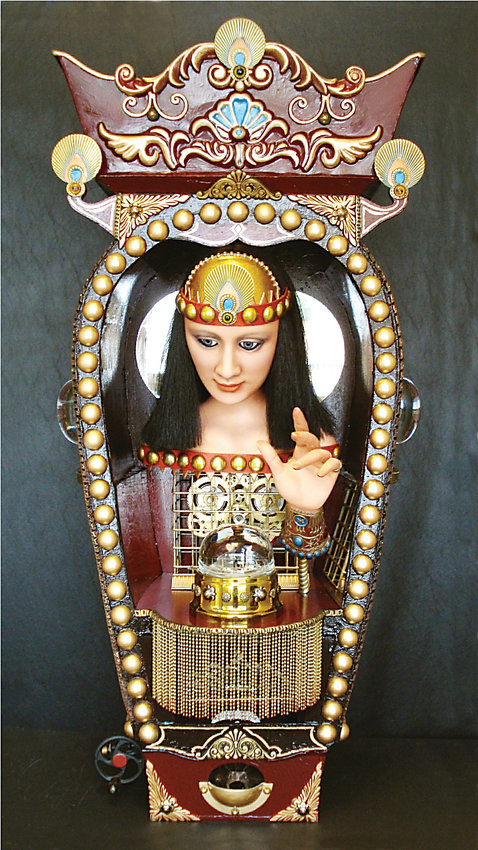 “Fate or Fortune” is an assemblage by Michelle Lamb of Littleton, included in “Night Circus” at CORE Gallery, Santa Fe Arts District.