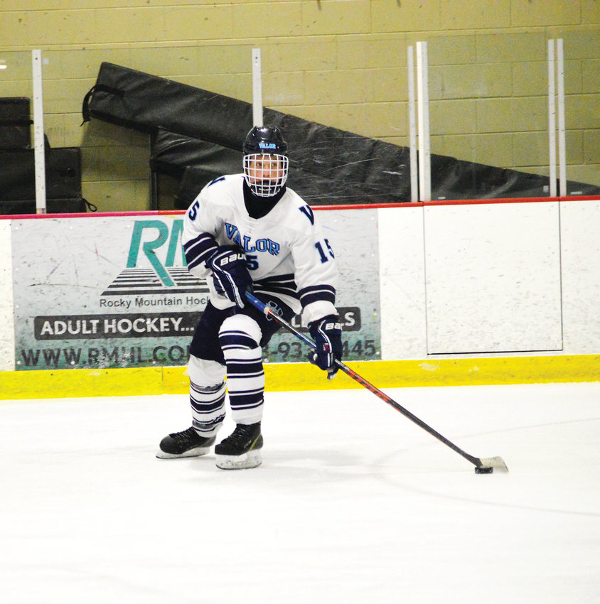 Colby Browne (15) of Valor Christian gets loose to score on a second period breakaway which got the Eagles rolling towards a 7-0 win over Mountain Vista in a game played Dec. 22 at the Ice Ranch. Browne had a goal and assist as the Eagles broke open a close game with six third period goals.