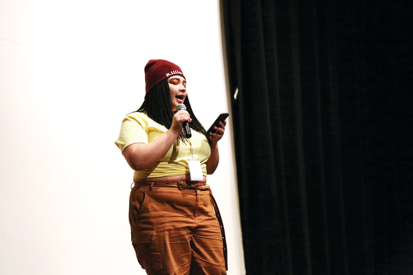 Dakota Ridge High School student Jasmine Davis performs spoken word at the 26th annual Cherry Creek Diversity Conference held Feb. 2.
