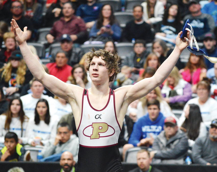 Ponderosa senior Mosha Schwartz celebrates after winning the 126-pound state championships with an 11-5 win over Pomona's Wyatt Yapoujin on Feb. 23 at the CHSAA State Wrestling Championships at the Pepsi Center. Schwartz ended the season with a 43-6 record and helped Ponderosa finish as the state runner-up in the team standings.