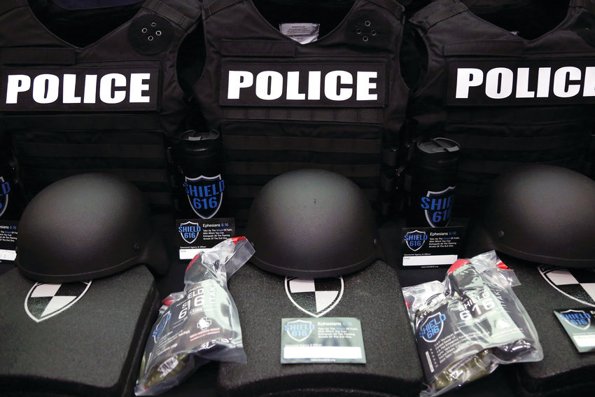 Each armor kit donated includes a plate carrier vest that clearly reads “police” on the front and back; two rifle-rated armor plates; a ballistic helmet; and a trauma kit.