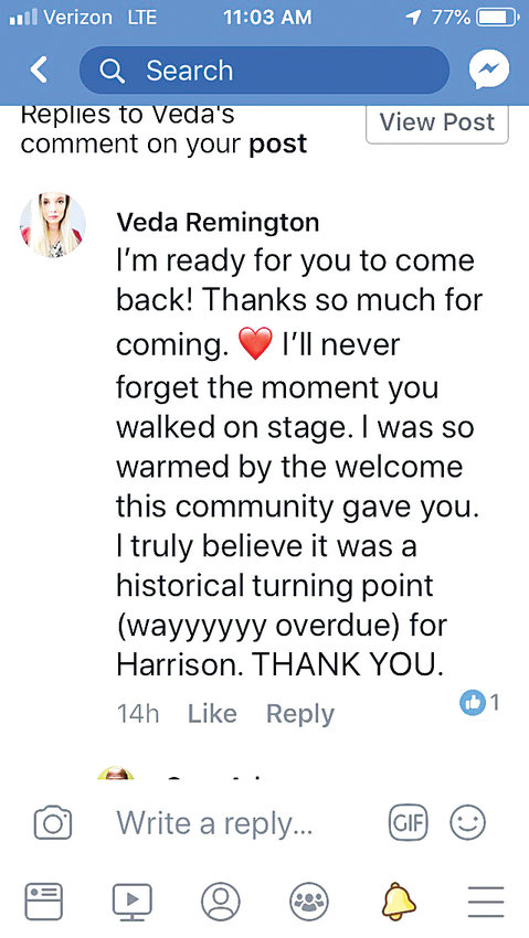 Harrison resident Veda Remington recently posted this note to Adams’ Facebook page. Her outreach to the local theater was instrumental in bringing Adams to Harrison to perform in December.