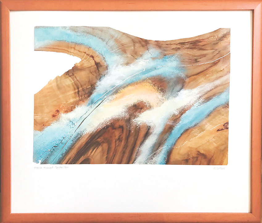 “Sunrise Riverbed” by Tippy McIntosh won Best of Show in the Depot’s annual anniversary show. She paints in oil of pieces of wood veneer floated on a backing and framed.