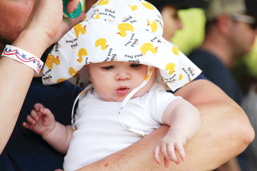 Cooper Bachman, 4 months old, sports a rubber-duck hat during the 2019 Ducky Derby.