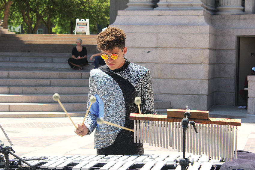 Walker Stovall with the Front Ensemble of the Blue Knights.