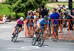 Fearless Femme’s Rebecca Wiasak (in blue) won Stage 1 of the 2018 Colorado Classic.  She took third in Stage 3 after a mid-race breakaway in which she led for two laps with only Silvia Valsecchi (BePink) on her wheel and the peloton as much as 50 seconds behind her.