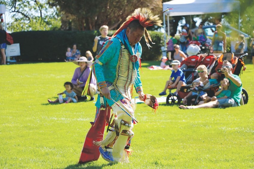 Leonard Cozad performs a traditional Native American dance for students at Highlands Ranch Pioneer Days. Members of Cozad’s family, who are all part of the Kiowa tribe, also performed.
