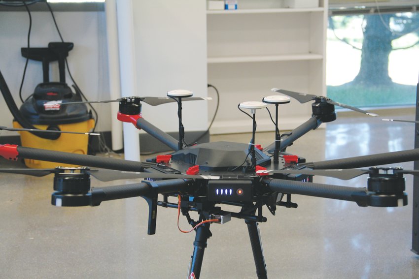 A drone that’s part of a project between Arrow Electronics and a Colorado high school sits in the Colorado Open Lab Sept. 12.