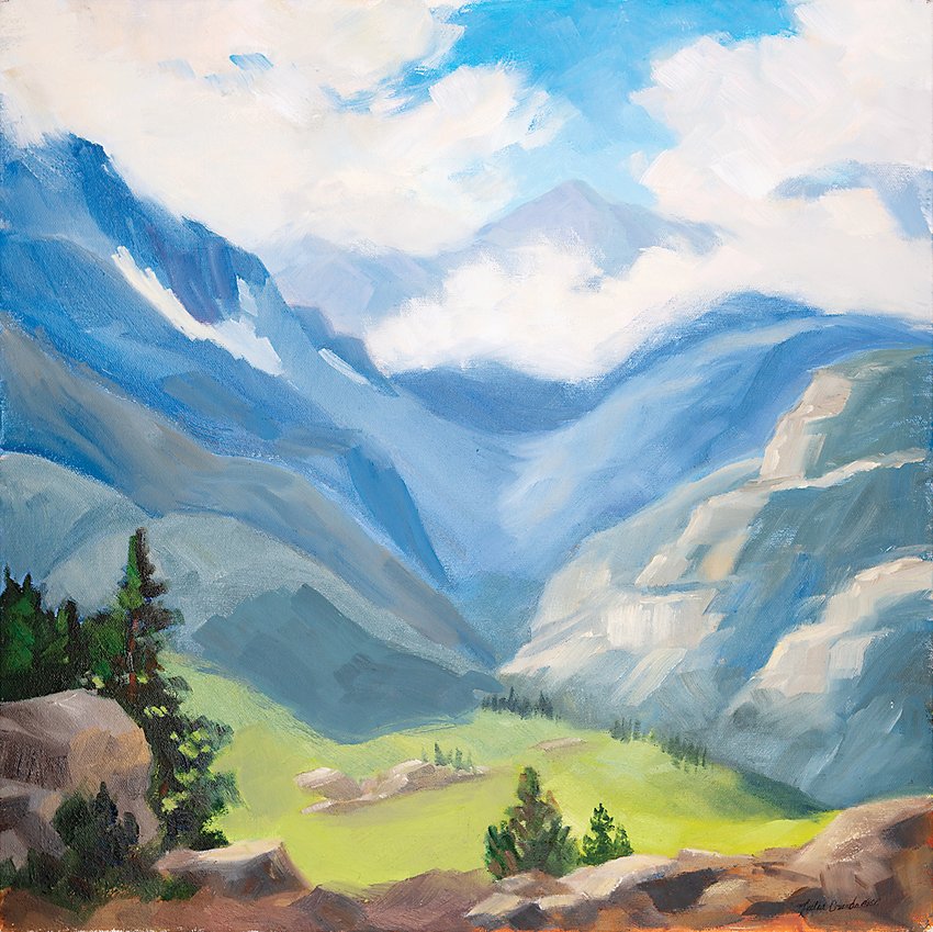 “Wild Blue Yonder” oil painting by Julia Grundmeier in “Near and Far” at Bemis Library.