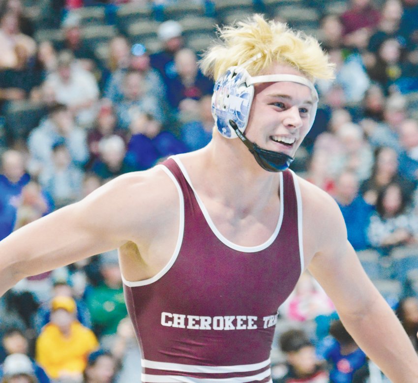 Cherokee Trail’s Sam Hart after winning state 220-pound title to finish the season undefeated.