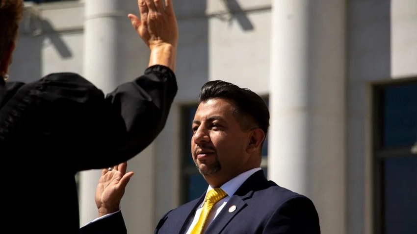 Paul Lopez is sworn in as Denver Clerk and Recorder on the City and County Building steps, July 15, 2019.