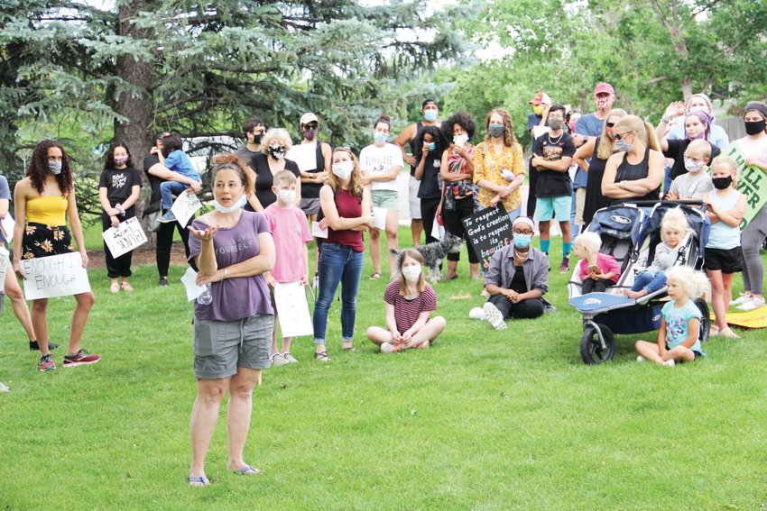 About a third of the crowd at a June 8 march regarding racial equality at Willow Creek Park in Centennial. Community members took turns stepping forward and sharing their thoughts on what steps they could take in their own lives to combat racial inequality.