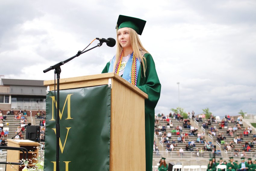 Kate Sherman, student body vice president for Mountain Vista High School, speaks to her fellow graduates during a June 26 commencement ceremony at EchoPark Stadium in Parker.