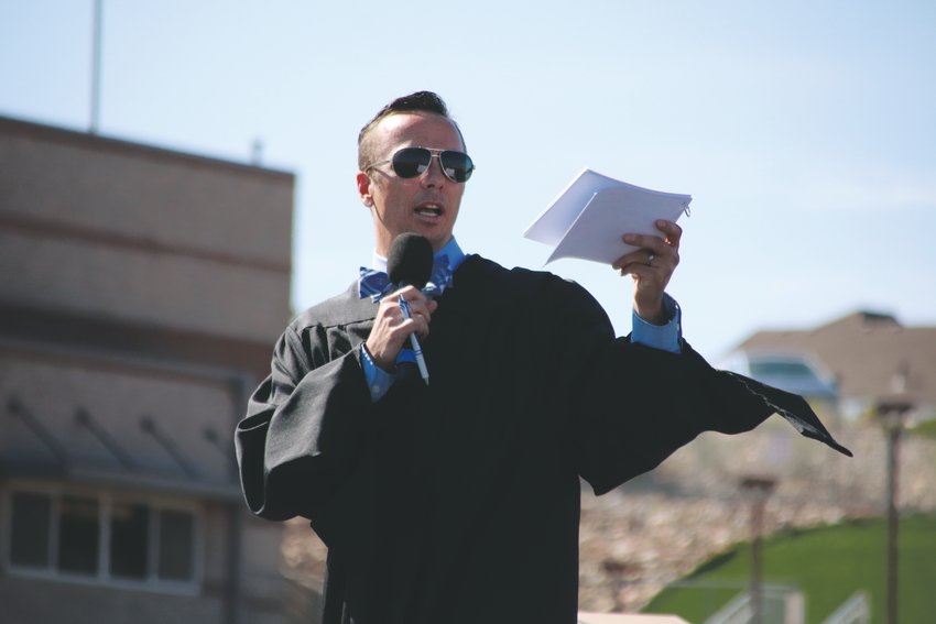 Teacher Colin Lynch of Castle View High School speaks to the graduating class of 2020 during their June 26 commencement ceremony at EchoPark Stadium in Parker.