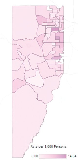 A map of neighborhoods in Jefferson County that shows the coronavirus case rate per 1,000.