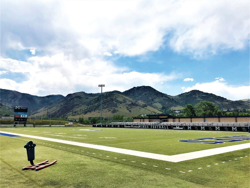 An empty field at Marv Kay stadium on the School of Mines campus.