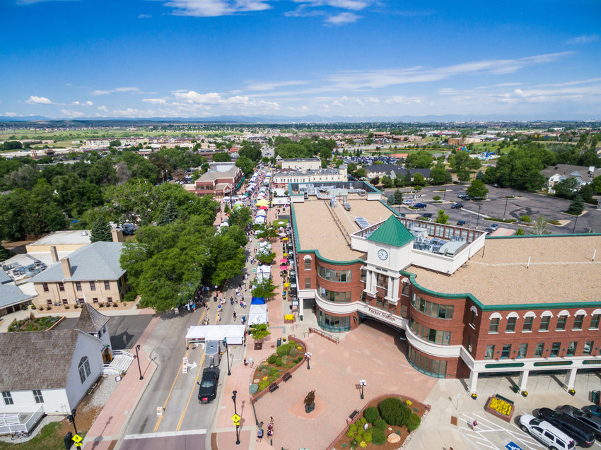 An aerial view of the farmers market on Mainstreet in Parker, June 28, 2015.