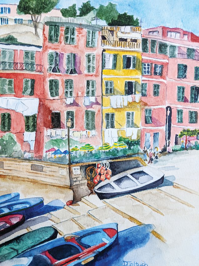 Dorothy Jaltuch’s watercolor “Vernazza, Cinque Terre, Italie” is part of the 18th annual Kaleidoscope exhibit at Arapahoe Community College.