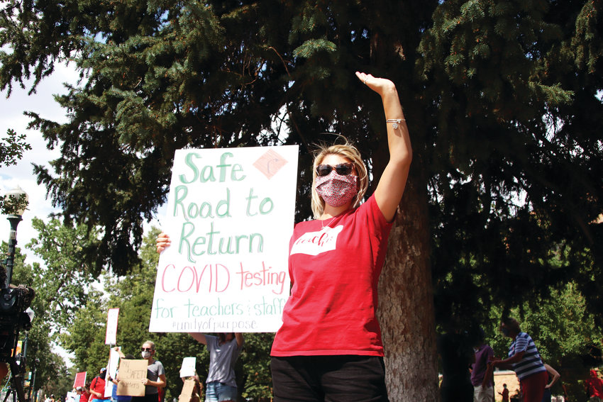 Cally Macosko-Jones participates in a rally held by Douglas County Federation members July 22, 2020.