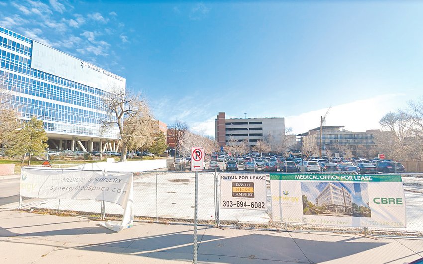 A November 2018 view of the parcel at 506 E. Hampden Ave., across the street from Swedish Medical Center, the future site of the Synergy Medical Office Building, a five-story, mixed use development. The complex is now under construction.