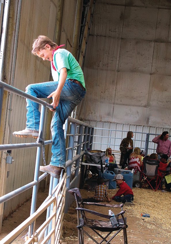 TJ Surry, 11, hops over a fence at the July 31 livestock sale in Douglas County. Surry had already brought his livestock to sell the weekend prior but attended the show to support his younger sister, who was selling a pig.