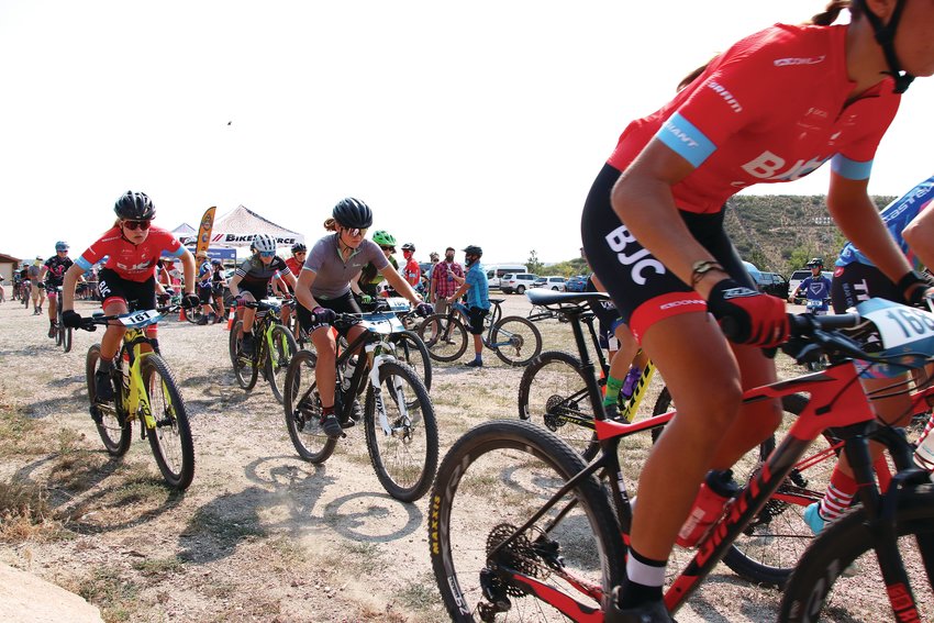 Cyclists take off at the start of one race during the 2020 Colorado Junior Cup in Castle Rock.