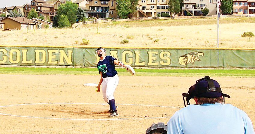 ThunderRidge starting pitcher Alyssa Hunter offers a first inning pitch during the Aug. 19 game at Mountain Vista against the rival Golden Eagles. Hunter had two hits during the game including a two-run homer but Mountain Vista scored once in the bottom of the seventh to pull out an 8-7 win.