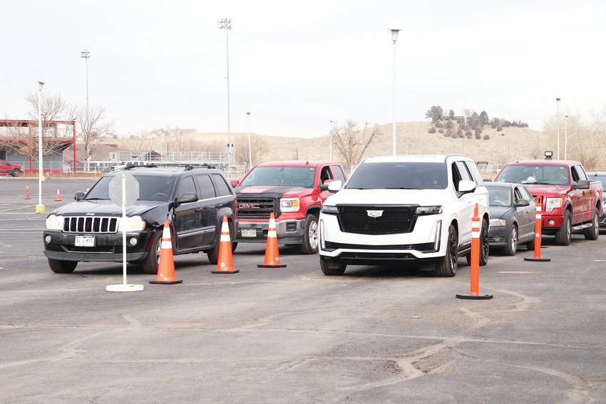 Cars line up outside Adams County’s newest COVID-19 rapid testing site at the Riverdale Regional Park Jan. 7. The testing site will operate Wednesdays through Saturdays from 9 a.m. to 2 p.m. through March.