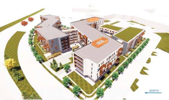 A rendering showing an aerial perspective of a possible design for the new multifamily development in the works for the parking lot of Southwest Plaza.