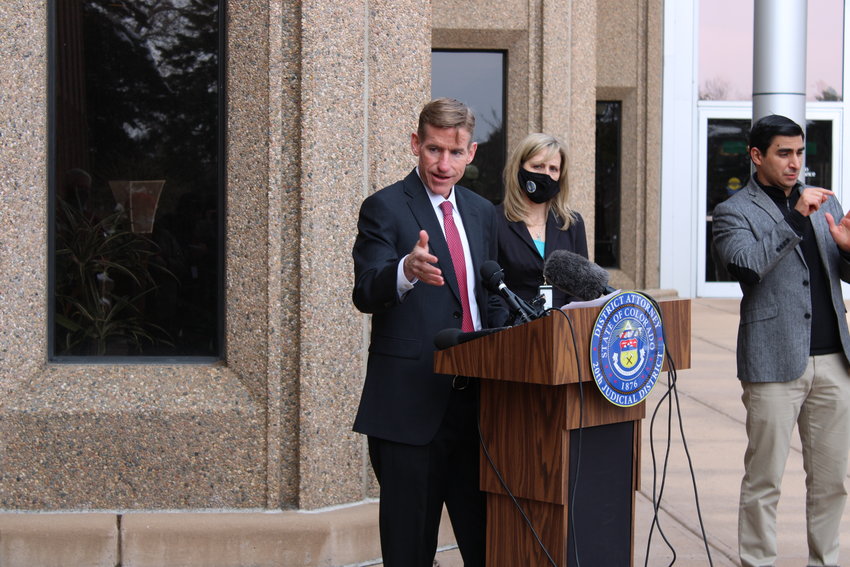 Boulder County District Attorney Michael Dougherty addresses the media at a press conference on April 22.