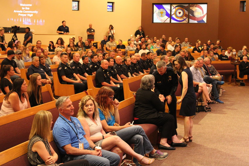 The scene at the June 22 vigil for Arvada Police Officer Gordon Beesley at Peace Lutheran Church.
