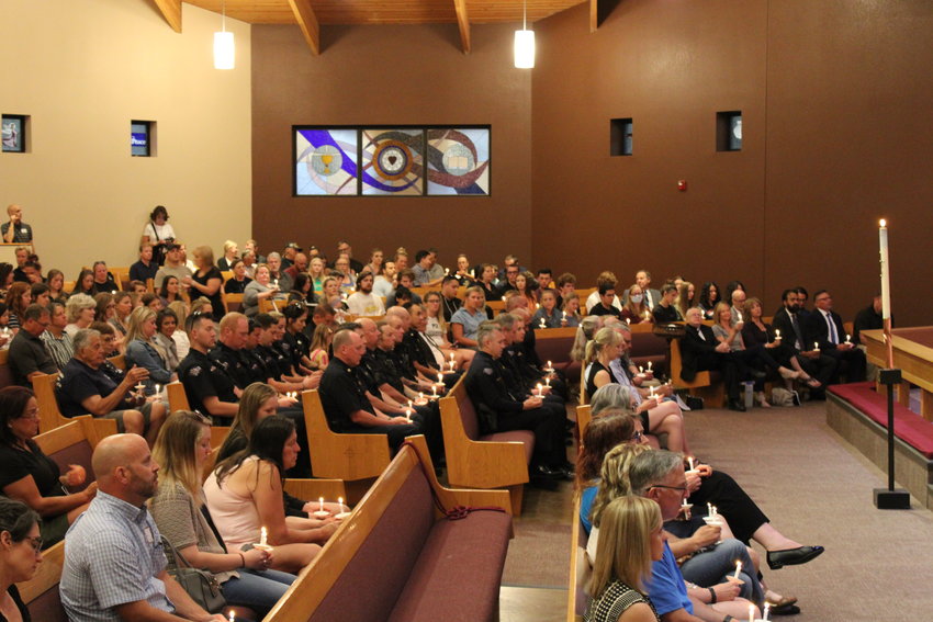 The scene at the June 22 vigil for Arvada Police Officer Gordon Beesley at Peace Lutheran Church.