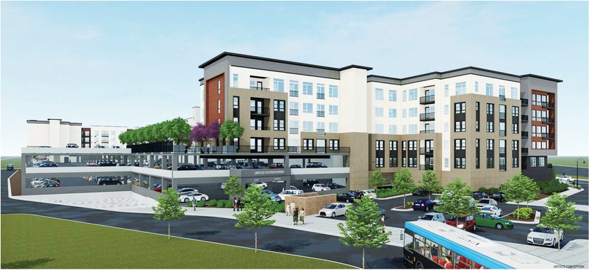 A rendering of the north side of the proposed development site designed by KTGY from the Lincoln Station Site Improvement Plan Staff Report.