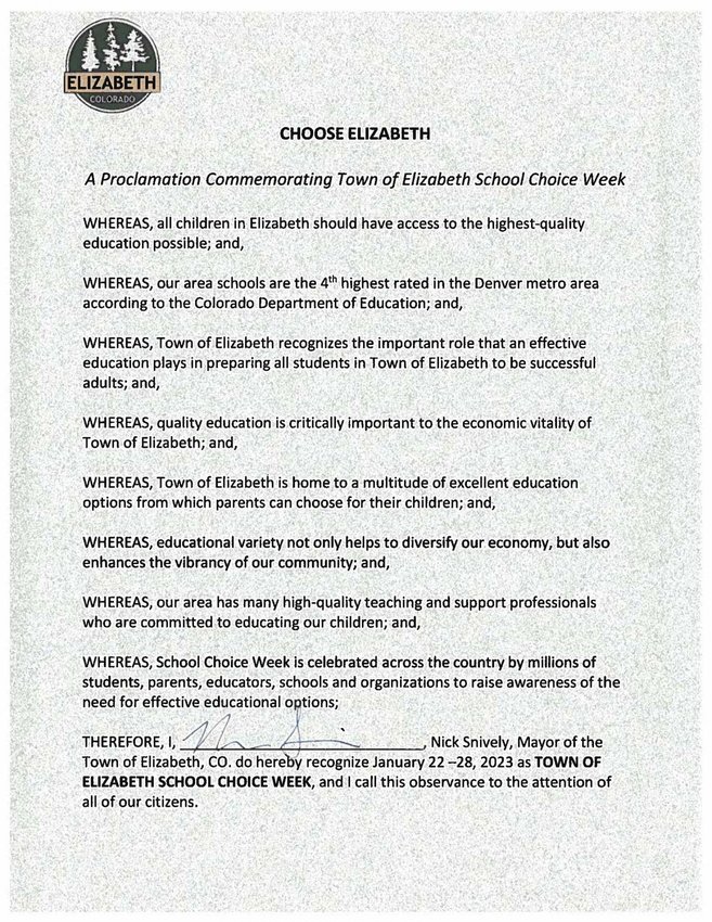 A proclamation commemorating Town of Elizabeth School Choice Week, signed by Mayor Nick Snively.