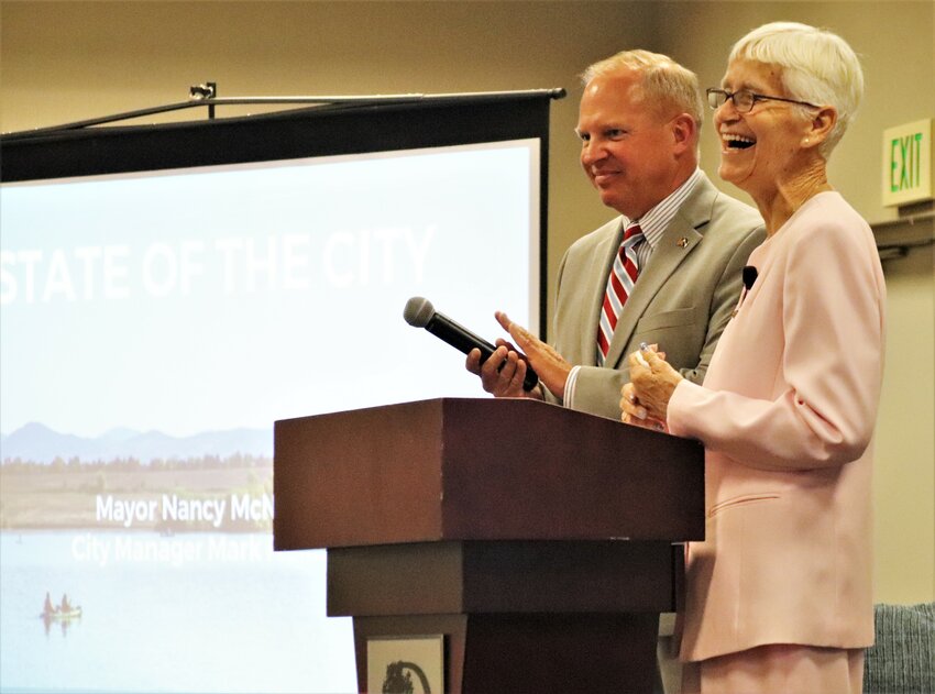 Mayor Nancy McNally shares laugh during the State of the City stage she shared City Manager Mark Freitag Aug. 23 at the Westminster Double Tree Hotel.