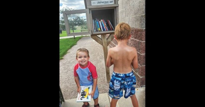 Children look for new books at the Little Free LIbrary at Evans Park in Elizabeth.