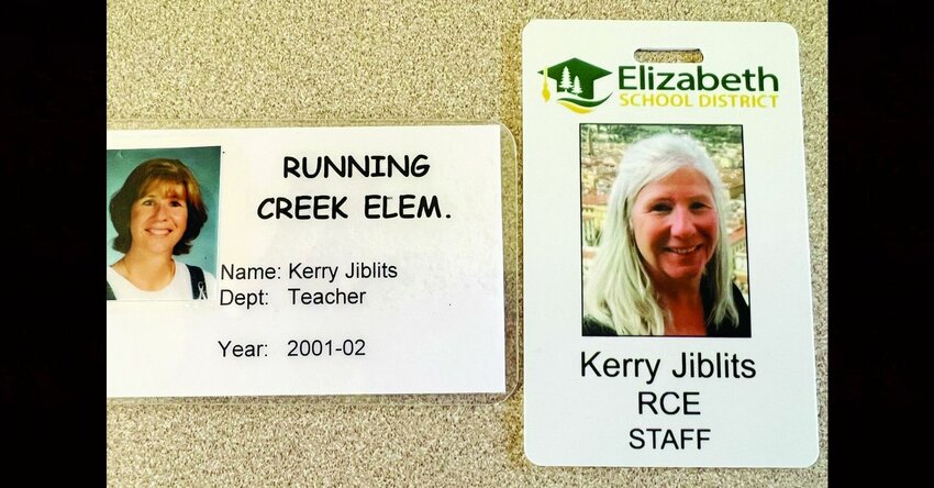 Kerry Jiblits, a teacher at Running Creek Elementary, shares a few of her school ID cards from her long career in the Elizabeth School District.