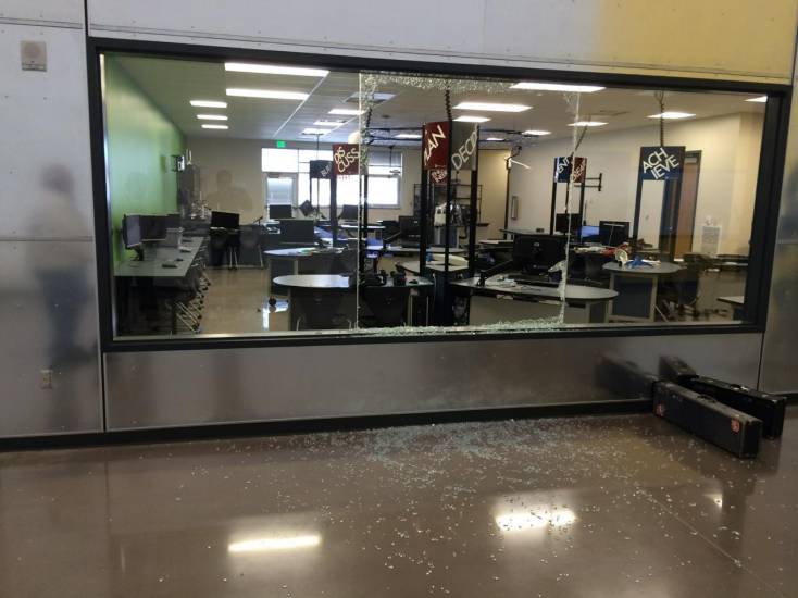 The photo shows the shattered glass and the damage vandals did inside the Englewood High School Science, Technology, Engineering and Math lab. The vandals struck in the early morning hours of Jan. 12 and did thousands of dollars in damage to the lab and to the band and choir rooms and the auditorium.