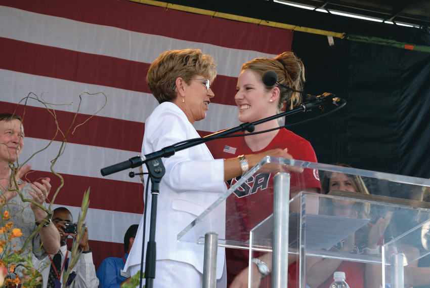 Mayor Cathy Noon speaks to Olympic swimming gold-medalist Missy Franklin at a celebration of Colorado’s Olympic athletes in August 2012 at Centennial Center Park. Franklin, who grew up in Centennial, met fans and signed autographs at the event.