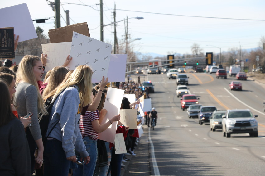 Several hundred Lakewood High School students lined up along Kipling Street on March 14, standing in solidarity with students all over the county and country who are remembering victims of gun violence. 
The school's staff and Lakewood Police were on hand to keep students safe and ensure traffic gave room to the students.
