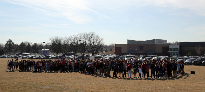 Students at Arvada West High School gathered in an on-campus field March 14 during the National School Walkout. In memory of the students who died at Marjory Stoneman Douglas High School in Florida, students stood in the shape of a heart.