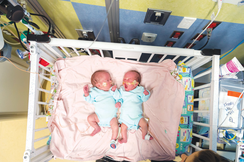 Kenna, left, and Zoey Conley, born Jan. 4 — nine weeks premature after battling Twin-Twin Transfusion Syndrome — left Children's Hospital Colorado on March 2, just four days before their original due date. “They’re little miracle babies,” their mother Kendal said.