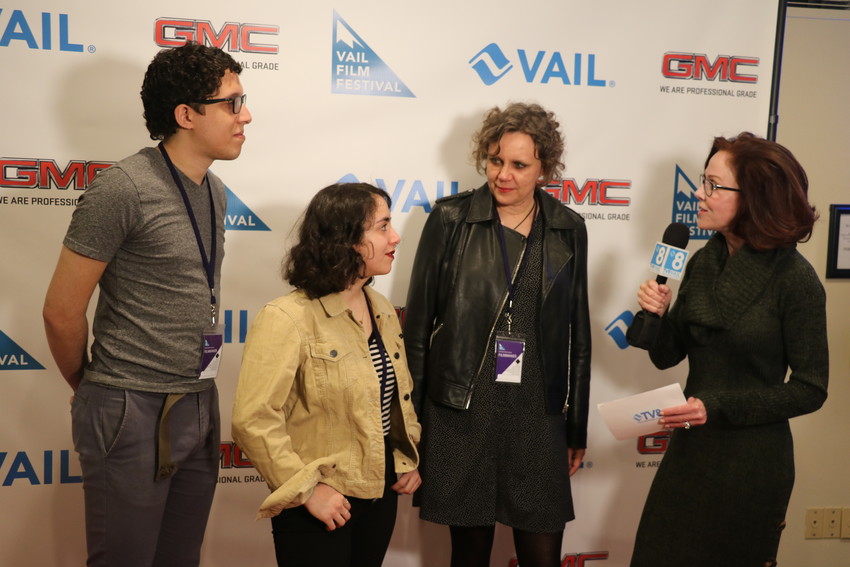 The team behind the short film, "The Invaders," are interviewed by TV8 Vail. From left, production assistant,  Will Veguilla.  lead actor Isra Elsalihie, and producer Claudia Murdoch.