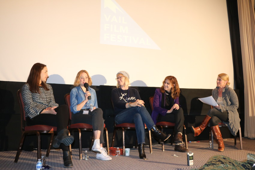 From left, Colorado Deputy Film Commissioner Mariel Rodriguez-McGill, writer/director Molly McGlynn (“Mary Goes Round”), director/producer Kerry David (“Bill Coors: The Will to Live”), writer/director Stacy Cochran (“Write When You Get Work”), and the Vail Daily newspaper’s Tricia Swenson at the “Getting From Script to Screen” panel on April 7