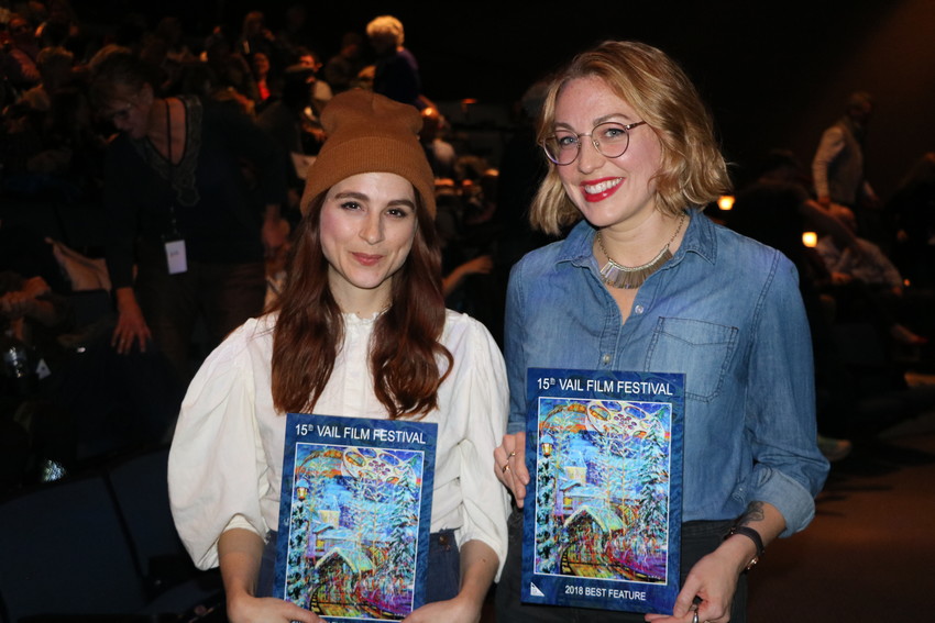 Actor Aya Cash and writer/director of "Mary Goes Round" Molly McGlynn after receiving their awards at the Vail Film Festival.