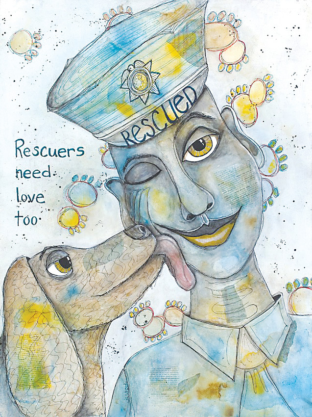 “Rescuers Need Love Too”, a mixed media painting by artist Jennifer Steck, a former police captain, is included in the Parker Artists Guild “Best of PAG” exhibit at the Deep Space Gallery in Parker.